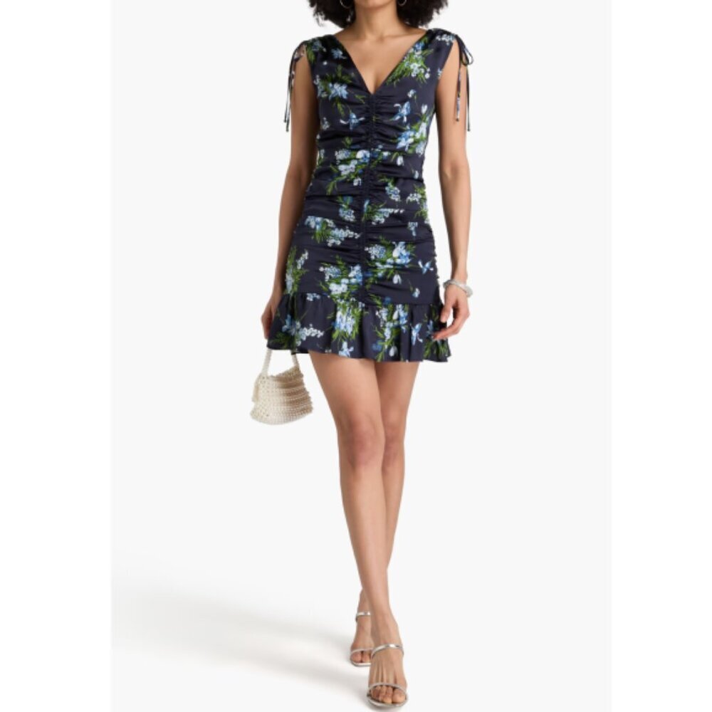 Veronica Beard 'Jackson' Ruched Stretch-Silk Mini-Dress, Navy Blue Multi